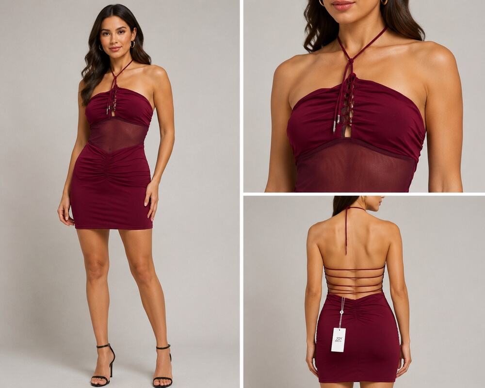 Tiger Mist Lovila Dress Burgundy Mesh Cut Out Halter Bodycon Mini Dress M NWT
